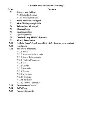 7. Lecture notes in Pediatric Neurology1
S. No. Contents
7.1 Seizures and Epilepsy
7.1.1 Status Epilepticus.
7.1.2 Febrile convulsions
7.2 Acute Bacterial Meningitis
7.3 Viral Meningoencephalitis
7.4 Tuberculous Meningitis
7.5 Microcephaly.
7.6 Craniosynostosis
7.7 Hydrocephalous
7.8 Cerebral Palsy. (Little’s Disease)
7.9 Mental Retardation
7.10 Guillain Barre’s Syndrome. (Post – infectious polyneuropathy)
7.11 Hemiplegia
7.12 Movement Disorders
7.12.1 Ataxia
7.12.2 Acute cerebellar Ataxia
7.12.3 Ataxia Telangiectasia
7.12.4 Friedreich’s Ataxia.
7.12.5 Tics
7.12.6 Chorea
7.12.7 Athetosis
7.12.8 Tremor
7.12.9 Myoclonus
7.12.10 Dystonia
7.12.11 Ballismus
7.12.12 Tardive Dyskinesia
7.13 Pseudotumor Cerebri
7.14 Bell’s Palsy
7.15 Neurocysticercosis
 