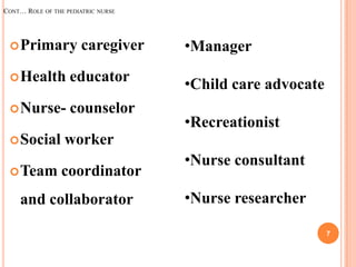 CONT… ROLE OF THE PEDIATRIC NURSE

 Primary

caregiver

 Health

educator

 Nurse-

counselor

 Social
 Team

•Manager
•Child care advocate
•Recreationist

worker
coordinator

and collaborator

•Nurse consultant
•Nurse researcher
7

 