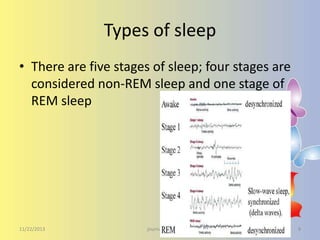 Types of sleep
• There are five stages of sleep; four stages are
considered non-REM sleep and one stage of
REM sleep

11/22/2013

journal club

8

 