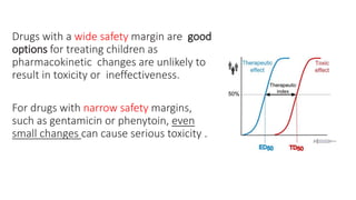 Drugs with a wide safety margin are good
options for treating children as
pharmacokinetic changes are unlikely to
result in toxicity or ineffectiveness.
For drugs with narrow safety margins,
such as gentamicin or phenytoin, even
small changes can cause serious toxicity .
 