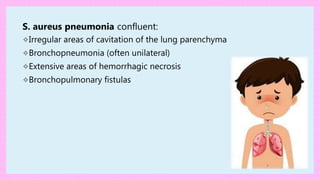 S. aureus pneumonia confluent:
✧Irregular areas of cavitation of the lung parenchyma
✧Bronchopneumonia (often unilateral)
✧Extensive areas of hemorrhagic necrosis
✧Bronchopulmonary fistulas
 