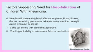 Bronchopleural fistula
Factors Suggesting Need for Hospitalization of
Children With Pneumonia:
6. Complicated pneumonia(pleural effusion, empyema, fistula, distress,
abscess, necrotizing pneumonia, extrapulmonary infection, hemolytic
uremic syndrome, or sepsis.)
7. Sickle cell anemia with acute chest syndrome
8. Vomiting or inability to tolerate oral fluids or medications
 