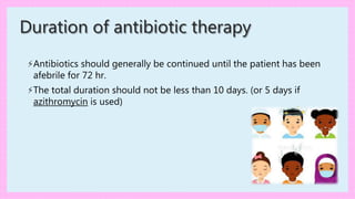 Duration of antibiotic therapy
⚡Antibiotics should generally be continued until the patient has been
afebrile for 72 hr.
⚡The total duration should not be less than 10 days. (or 5 days if
azithromycin is used)
 
