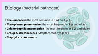 ✗Pneumococcus(the most common in 3 wk to 4 yr )
✗Mycoplasma pneumoniae (the most frequent in 5 yr and older)
✗Chlamydophila pneumoniae (the most frequent in 5 yr and older)
✗Group A streptococcus (Streptococcus pyogenes )
✗Staphylococcus aureus
Etiology (bacterial pathogen)
 