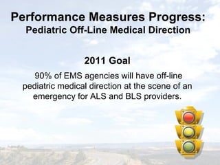 Performance Measures Progress:
Pediatric Off-Line Medical Direction
Performance Measures Progress:
Pediatric Off-Line Medical Direction
2011 Goal
90% of EMS agencies will have off-line
pediatric medical direction at the scene of an
emergency for ALS and BLS providers.
 