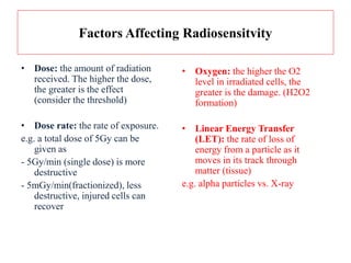 Factors Affecting Radiosensitvity
• Dose: the amount of radiation
received. The higher the dose,
the greater is the effect
(consider the threshold)
• Dose rate: the rate of exposure.
e.g. a total dose of 5Gy can be
given as
- 5Gy/min (single dose) is more
destructive
- 5mGy/min(fractionized), less
destructive, injured cells can
recover
• Oxygen: the higher the O2
level in irradiated cells, the
greater is the damage. (H2O2
formation)
• Linear Energy Transfer
(LET): the rate of loss of
energy from a particle as it
moves in its track through
matter (tissue)
e.g. alpha particles vs. X-ray
 