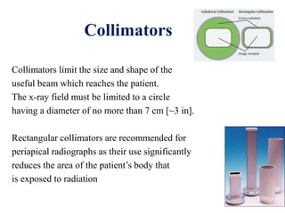 Collimators
Collimators limit the size and shape of the
useful beam which reaches the patient.
The x-ray field must be limited to a circle
having a diameter of no more than 7 cm [~3 in].
Rectangular collimators are recommended for
periapical radiographs as their use significantly
reduces the area of the patient’s body that
is exposed to radiation
 
