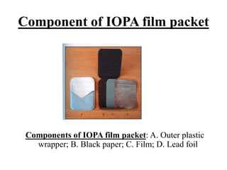 Component of IOPA film packet
Components of IOPA film packet: A. Outer plastic
wrapper; B. Black paper; C. Film; D. Lead foil
 