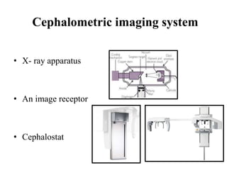• X- ray apparatus
• An image receptor
• Cephalostat
Cephalometric imaging system
 
