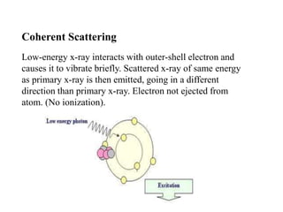 Coherent Scattering
Low-energy x-ray interacts with outer-shell electron and
causes it to vibrate briefly. Scattered x-ray of same energy
as primary x-ray is then emitted, going in a different
direction than primary x-ray. Electron not ejected from
atom. (No ionization).
 