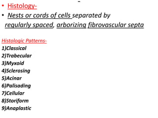• Histology-
• Nests or cords of cells separated by
regularly spaced, arborizing fibrovascular septa
Histologic Patterns-
1)Classical
2)Trabecular
3)Myxoid
4)Sclerosing
5)Acinar
6)Palisading
7)Cellular
8)Storiform
9)Anaplastic
 