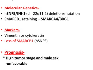 • Molecular Genetics-
• hSNF5/INI-1 (chr22q11.2) deletion/mutation
• SMARCB1 retaining – SMARCA4/BRG1
• Markers-
• Vimentin or cytokeratin
• Loss of SMARCB1 (hSNF5)
• Prognosis-
* High tumor stage and male sex
-unfavorable
 