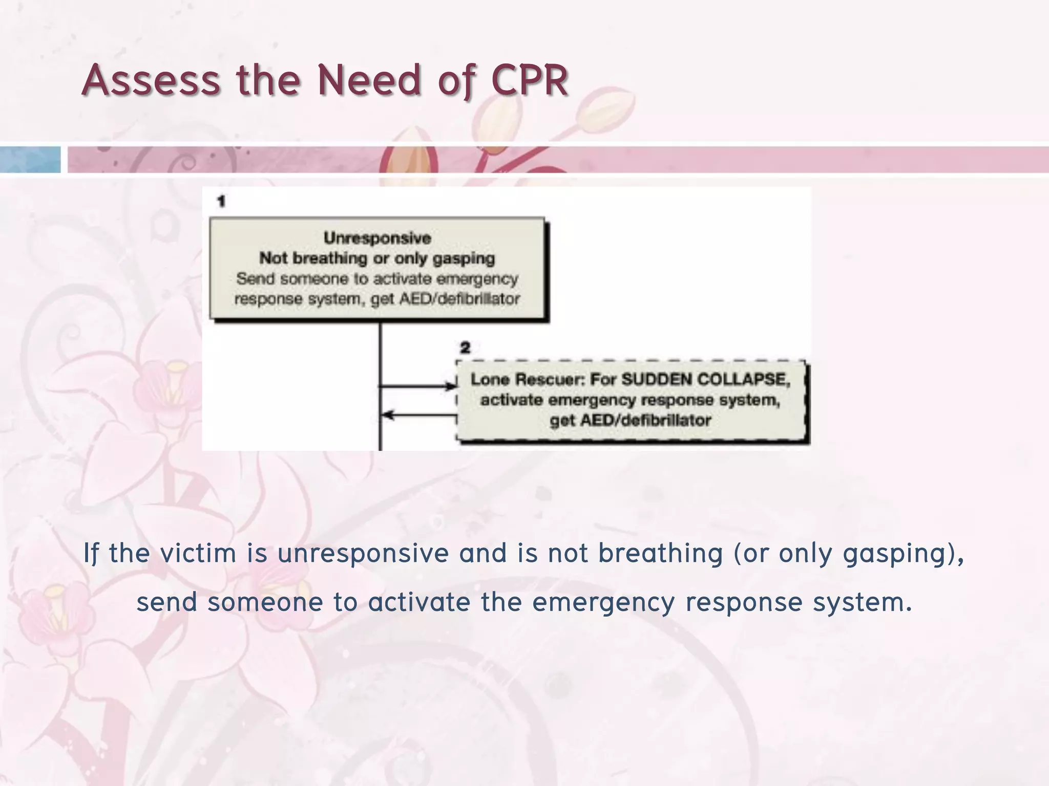 Assess the Need of CPR




If the victim is unresponsive and is not breathing (or only gasping),
     send someone to activate the emergency response system.
 