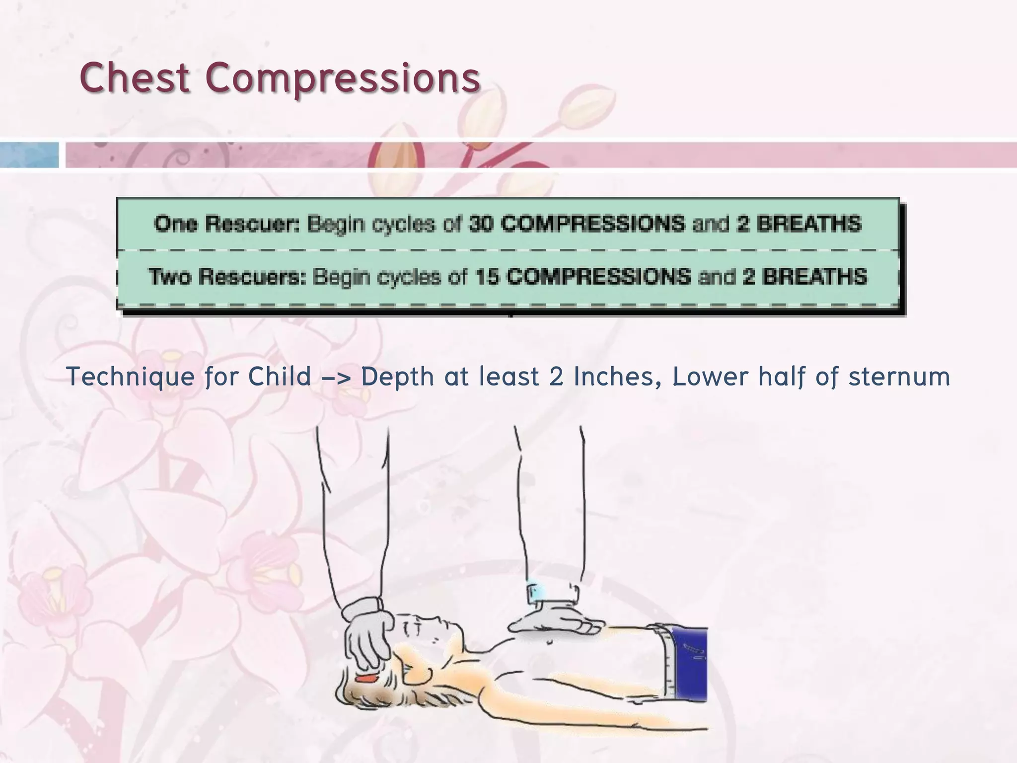 Chest Compressions



Technique for Child -> Depth at least 2 Inches, Lower half of sternum
 