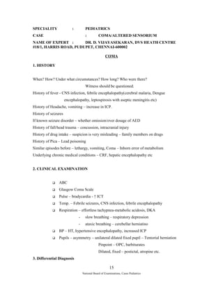 SPECIALITY : PEDIATRICS 
CASE : COMA/ALTERED SENSORIUM 
NAME OF EXPERT : DR. D. VIJAYASEKARAN, DVS HEATH CENTRE 
#18/1, HARRIS ROAD, PUDUPET, CHENNAI-600002 
COMA 
1. HISTORY 
When? How? Under what circumstances? How long? Who were there? 
Witness should be questioned. 
History of fever - CNS infection, febrile encephalopathy(cerebral malaria, Dengue 
encephalopathy, leptospirosis with aseptic meningitis etc) 
History of Headache, vomiting – increase in ICP. 
History of seizures 
If known seizure disorder – whether omission/over dosage of AED 
History of fall/head trauma – concussion, intracranial injury 
History of drug intake – suspicion is very misleading – family members on drugs 
History of Pica – Lead poisoning 
Similar episodes before – lethargy, vomiting, Coma – Inborn error of metabolism 
Underlying chronic medical conditions – CRF, hepatic encephalopathy etc 
2. CLINICAL EXAMINATION 
 ABC 
 Glasgow Coma Scale 
 Pulse – bradycardia - ↑ ICT 
 Temp. – Febrile seizures, CNS infection, febrile encephalopathy 
 Respiration – effortless tachypnea-metabolic acidosis, DKA 
- slow breathing – respiratory depression 
- ataxic breathing – cerebellar herniatino 
 BP – HT, hypertensive encephalopathy, increased ICP 
 Pupils – asymmetry – unilateral dilated fixed pupil – Tentorial herniation 
Pinpoint – OPC, barbiturates 
Dilated, fixed – postictal, atropine etc. 
3. Differential Diagnosis 
15 
National Board of Examinations, Cases Pediatrics 
 