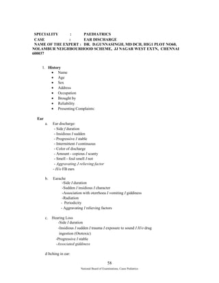 SPECIALITY : PAEDIATRICS 
CASE : EAR DISCHARGE 
NAME OF THE EXPERT : DR. D.GUNNASINGH, MD DCH, HIG1 PLOT NO60, 
NOLAMBUR NEIGHBOURHOOD SCHEME, JJ NAGAR WEST EXTN, CHENNAI 
600037 
1. History 
· Name 
· Age 
· Sex 
· Address 
· Occupation 
· Brought by 
· Reliability 
· Presenting Complaints: 
Ear 
a. Ear discharge: 
- Side f duration 
- Insidious I sudden 
- Progressive I stable 
- Intermittent I continuous 
- Color of discharge 
- Amount - copious I scanty 
- Smell - foul smell I not 
- Aggravating J relieving factor 
- H/o FB ears 
b. Earache 
-Side I duration 
-Sudden I insidious I character 
-Association with otorrhoea I vomiting I giddiness 
-Radiation 
- Periodicity 
- Aggravating I relieving factors 
c. Hearing Loss 
-Side I duration 
-Insidious I sudden I trauma I exposure to sound I H/o drug 
ingestion (Ototoxic) 
-Progressive I stable 
-Associated giddiness 
d Itching in ear: 
58 
National Board of Examinations, Cases Pediatrics 
 
