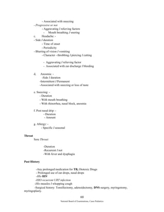 - Associated with sneezing 
- Progressive or not 
- Aggravating I relieving factors 
- Mouth breathing J snoring 
c. Headache: - 
- Side I duration 
- Time of onset 
- Periodicity 
- Blurring of vision I vomiting 
- Character - throbbing I piercing I cutting 
- Aggravating I relieving factor 
- Associated with ear discharge I bleeding 
d, Anosmia: - 
-Side I duration 
-Intermittent I Permanent 
-Associated with sneezing or loss of taste 
e. Sneezing: - 
- Duration 
- With mouth breathing 
- With rhinorrhea, nasal block, anosmia 
f. Post nasal drip: - 
- Duration 
- Amount 
g. Allergy: - 
- Specific I seasonal 
Throat 
Sore Throat: 
-Duration 
-Recurrent I not 
-With fever and dysphagia 
Past History 
-Any prolonged medication for TB, Ototoxic Drugs 
- Prolonged use of ear drops, nasal drops 
-Hlo HIV 
-HIO recurrent URT infection 
-Hlo measles I whopping cough 
-Surgical history: Tonsillectomy, adenoidectomy, DNS surgery, myringotomy, 
myringoplasty. 
60 
National Board of Examinations, Cases Pediatrics 
 