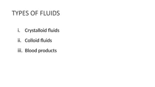 TYPES OF FLUIDS
i. Crystalloid fluids
ii. Colloid fluids
iii. Blood products
 