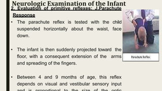 2. Evaluation of primitive reflexes: J.Parachute
Response
• The parachute reflex is tested with the child
suspended horizontally about the waist, face
down.
• The infant is then suddenly projected toward the
floor, with a consequent extension of the arms
and spreading of the fingers.
• Between 4 and 9 months of age, this reflex
depends on visual and vestibular sensory input
Neurologic Examination of the Infant
 