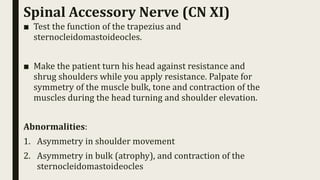 Spinal Accessory Nerve (CN XI)
■ Test the function of the trapezius and
sternocleidomastoideocles.
■ Make the patient turn his head against resistance and
shrug shoulders while you apply resistance. Palpate for
symmetry of the muscle bulk, tone and contraction of the
muscles during the head turning and shoulder elevation.
Abnormalities:
1. Asymmetry in shoulder movement
2. Asymmetry in bulk (atrophy), and contraction of the
sternocleidomastoideocles
 