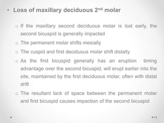 • Loss of maxillary deciduous 2nd molar
o If the maxillary second deciduous molar is lost early, the
second bicuspid is generally impacted
o The permanent molar shifts mesially
o The cuspid and first deciduous molar shift distally
o As the first bicuspid generally has an eruption timing
advantage over the second bicuspid, will erupt earlier into the
site, maintained by the first deciduous molar, often with distal
drift
o The resultant lack of space between the permanent molar
and first bicuspid causes impaction of the second bicuspid
13
 