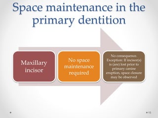 Space maintenance in the
primary dentition
Maxillary
incisor
No space
maintenance
required
No consequence.
Exception: If incisor(s)
is (are) lost prior to
primary canine
eruption, space closure
may be observed
15
 