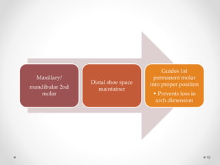 Maxillary/
mandibular 2nd
molar
Distal shoe space
maintainer
Guides 1st
permanent molar
into proper position
• Prevents loss in
arch dimension
19
 