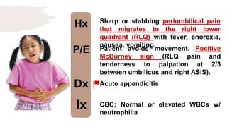Hx
P/E
Dx
Ix
Sharp or stabbing periumbilical pain
that migrates to the right lower
quadrant (RLQ) with fever, anorexia,
nausea, vomiting.
Patient avoids movement. Positive
McBurney sign (RLQ pain and
tenderness to palpation at 2/3
between umbilicus and right ASIS).
Acute appendicitis
CBC; Normal or elevated WBCs w/
neutrophilia
 
