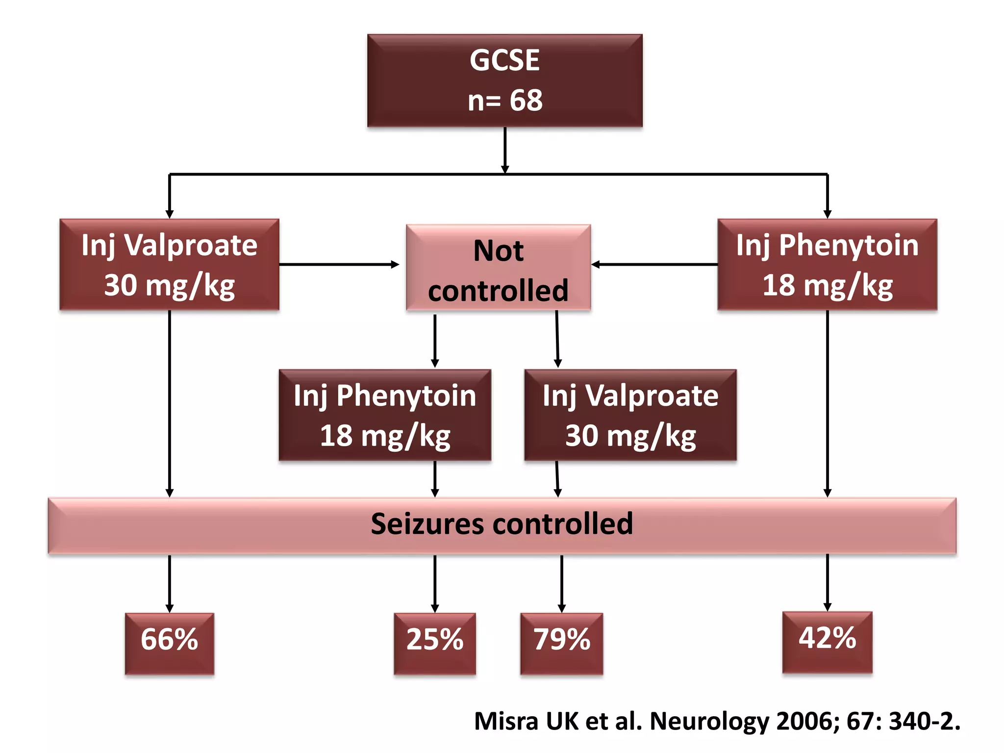 GCSE
n= 68
Inj Valproate
30 mg/kg
Inj Phenytoin
18 mg/kg
Inj Valproate
30 mg/kg
Inj Phenytoin
18 mg/kg
66% 42%25% 79%
Not
controlled
Seizures controlled
Misra UK et al. Neurology 2006; 67: 340-2.
 