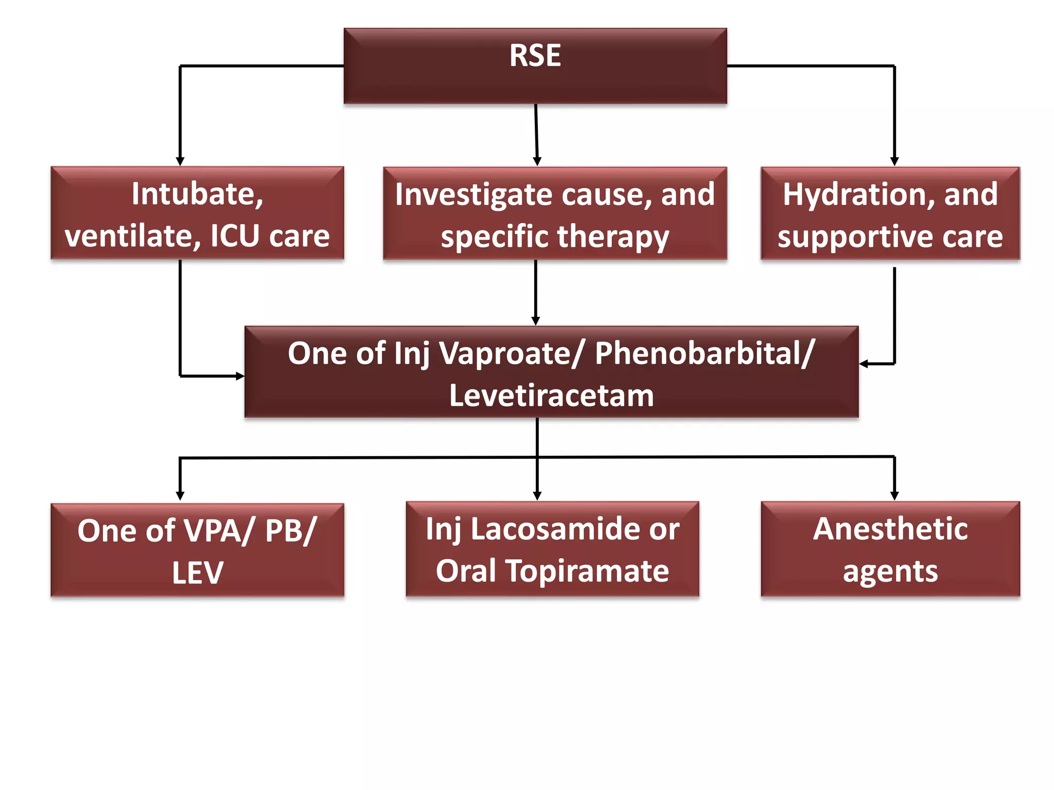 RSE
Intubate,
ventilate, ICU care
Investigate cause, and
specific therapy
Hydration, and
supportive care
One of Inj Vaproate/ Phenobarbital/
Levetiracetam
Inj Lacosamide or
Oral Topiramate
Anesthetic
agents
One of VPA/ PB/
LEV
 