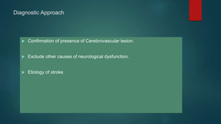 Diagnostic Approach
 Confirmation of presence of Cerebrovascular lesion.
 Exclude other causes of neurological dysfunction.
 Etiology of stroke
 