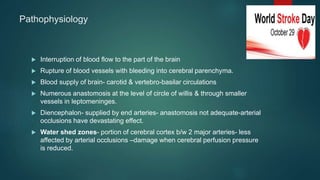 Pathophysiology
 Interruption of blood flow to the part of the brain
 Rupture of blood vessels with bleeding into cerebral parenchyma.
 Blood supply of brain- carotid & vertebro-basilar circulations
 Numerous anastomosis at the level of circle of willis & through smaller
vessels in leptomeninges.
 Diencephalon- supplied by end arteries- anastomosis not adequate-arterial
occlusions have devastating effect.
 Water shed zones- portion of cerebral cortex b/w 2 major arteries- less
affected by arterial occlusions –damage when cerebral perfusion pressure
is reduced.
 