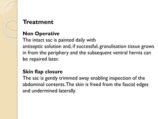 Treatment
Non Operative
The intact sac is painted daily with
antiseptic solution and, if successful, granulisation tissue grows
in from the periphery and the subsequent ventral hernia can
be repaired later.
Skin flap closure
The sac is gently trimmed away enabling inspection of the
abdominal contents.The skin is freed from the fascial edges
and undermined laterally.
 