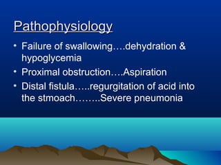 PathophysiologyPathophysiology
• Failure of swallowing….dehydration &
hypoglycemia
• Proximal obstruction….Aspiration
• Distal fistula…..regurgitation of acid into
the stmoach……..Severe pneumonia
 