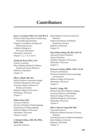 xiii
Contributors
Joan C. Arvedson, PhD, CCC-SLP, BCS-S
Board Certified Specialist in Swallowing
and Swallowing Disorders
Program Coordinator, Feeding and
Swallowing Services
Children’s Hospital of
Wisconsin-Milwaukee
Milwaukee, Wisconsin
Chapters 1, 2, 7, 8, 9, and 11
Natalie M. Beck, MGC, CGC
Genetic Counselor
Johns Hopkins McKusick-Nathans
Institute of Genetic Medicine
Baltimore, Maryland
Chapter 12
Ellen L. Blank, MD, MA
Retired Pediatric Gastroenterologist
Children’s Hospital of Wisconsin
Associate Adjunct Professor of
Pediatrics-Bioethics
Medical College of Wisconsin
Milwaukee, Wisconsin
Chapter 5
Robert Chun, MD
Associate Professor
Division of Pediatric Otolaryngology
Department of Otolaryngology
Medical College of Wisconsin
Milwaukee, Wisconsin
Chapters 4 and 8
J. Michael Collaco, MD, MS, MBA,
MPH, PhD
Associate Professor
Johns Hopkins University School of
Medicine
Eudowood Division of Pediatric
Respiratory Sciences
Baltimore, Maryland
Chapter 10
Mary Beth Feuling, MS, RD, CSP, CD
Advanced Practice Dietitian
Clinical Nutrition
Children’s Hospital of Wisconsin
Milwaukee, Wisconsin
Chapter 6
Praveen S. Goday, MBBS, CNSC, FAAP
Professor of Pediatrics
Division of Pediatric Gastroenterology
and Nutrition
Medical College of Wisconsin
Milwaukee, Wisconsin
Chapter 6
David C. Gregg, MD
Medical Direction Pediatric Imaging
Associate Professor of Radiology
Medical College of Wisconsin
Children’s Hospital of Wisconsin
Milwaukee, Wisconsin
Chapter 8
Julie E. Hoover-Fong, MD, PhD
Associate Professor
McKusick-Nathans Institute of Genetic
Medicine
Greenberg Center for Skeletal Dysplasias
Johns Hopkins University
Baltimore, Maryland
Chapter 12
 