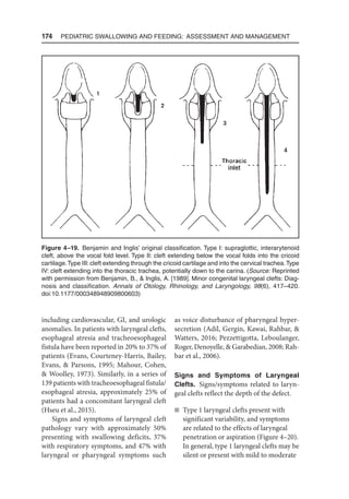 174  Pediatric Swallowing and Feeding: Assessment and Management
including cardiovascular, GI, and urologic
anomalies. In patients with laryngeal clefts,
esophageal atresia and tracheoesophageal
fistula have been reported in 20% to 37% of
patients (Evans, Courteney-Harris, Bailey,
Evans,  Parsons, 1995; Mahour, Cohen,
 Woolley, 1973). Similarly, in a series of
139 patients with tracheoesophageal fistula/
esophageal atresia, approximately 25% of
patients had a concomitant laryngeal cleft
(Hseu et al., 2015).
Signs and symptoms of laryngeal cleft
pathology vary with approximately 50%
presenting with swallowing deficits, 37%
with respiratory symptoms, and 47% with
laryngeal or pharyngeal symptoms such
as voice disturbance of pharyngeal hyper-
secretion (Adil, Gergin, Kawai, Rahbar, 
Watters, 2016; Pezzettigotta, Leboulanger,
Roger, Denoyelle,  Garabedian, 2008; Rah-
bar et al., 2006).
Signs and Symptoms of Laryngeal
Clefts. Signs/symptoms related to laryn-
geal clefts reflect the depth of the defect.
n Type 1 laryngeal clefts present with
significant variability, and symptoms
are related to the effects of laryngeal
penetration or aspiration (Figure 4–20).
In general, type 1 laryngeal clefts may be
silent or present with mild to moderate
Figure 4–19. Benjamin and Inglis’ original classification. Type I: supraglottic, interarytenoid
cleft, above the vocal fold level. Type II: cleft extending below the vocal folds into the cricoid
cartilage.Type III: cleft extending through the cricoid cartilage and into the cervical trachea.Type
IV: cleft extending into the thoracic trachea, potentially down to the carina. (Source: Reprinted
with permission from Benjamin, B.,  Inglis, A. [1989]. Minor congenital laryngeal clefts: Diag-
nosis and classification. Annals of Otology, Rhinology, and Laryngology, 98(6), 417–420.
doi:10.1177/000348948909800603)
 