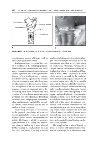 180  Pediatric Swallowing and Feeding: Assessment and Management
complications, some of which can result in
death (Rosingh  Peek, 1999).
Tracheostomies are performed for a vari-
ety of conditions in the pediatric population.
These conditions most often include upper
airway obstruction, neurologic impairment,
chronic aspiration, and chronic pulmonary
disease. When tracheostomy is recom-
mended for chronic aspiration, the problem
of the aspiration is seldom solved and may
even be made worse. However, some believe
that management of tracheal secretions may
improve because of improved access for
suctioning. Short-term tracheostomy with
cessation of oral feeds in select patients with
aspiration may prove beneficial depending
on overall status and prognosis. In contrast,
when tracheostomies are placed for subglot-
tic stenosis, some patients may be able to
swallow without problems.
Swallowing problems are ubiquitous
in the pediatric population with trache-
ostomy, particularly because an increased
number of these patients have multiple dis-
abilities (DeMauro et al., 2014; Mammel,
2014; Overman et al., 2013). The pharyn-
geal phase of swallowing is most affected
by the presence of a tracheostomy tube. As
described in Chapter 2, during a normal
swallow, the bolus passes through the phar-
ynx and hyolaryngeal excursion occurs as
initiation of a swallow occurs. Alterations
in swallowing efficiency, particularly a
delayed swallow initiation in children with
tracheostomy, have been described (Abra-
ham  Wolf, 2000). Mechanical fixation
of the larynx in the neck by the tracheos-
tomy tube prevents superior excursion of
the entire larynx, especially the arytenoids
and epiglottis. Closure of the laryngeal ves-
tibule is then delayed, sometimes resulting
in laryngeal penetration. Laryngeal closure
may be delayed until after opening of the
upper esophageal sphincter. Furthermore,
in adults and some older children, in whom
a cuffed tracheostomy tube is required for
tight seal of the airway to maintain ven-
tilation, cuff pressure transmitted to the
esophagus may also interfere with swallow-
ing. When cuffed tracheostomy tubes are
deflated, secretions and food pooled above
the cuff may enter into the lower airway.
Partial deflation of cuffed tracheostomy
tubes and potential for oral feeding are dis-
cussed in Chapter 9.
The cough reflex is often blunted or
absent in patients with tracheostomy. Diver-
sion of air through the tracheostomy may
Figure 4–23. A. A tracheotomy. B. A tracheostomy tube in an infant’s neck.
A B
 