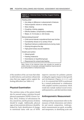 246  Pediatric Swallowing and Feeding: Assessment and Management
of the members of the care team that relate
to skill, behavior, and nutrition will provide
clues that may suggest and/or support the
feeding difficulties (see Table 6–4).
Physical Examination
The nutrition status of the patient should
also be assessed using a nutrition-focused
physical examination (NFPE) (Green Cor-
kins, 2015). Evidence of subcutaneous fat
loss, muscle loss, and the presence of edema
should be sought. Additionally, physical
signs of micronutrient deficiency should be
looked for. Early identification of changes
in nutritional status with use of NFPE
improves outcomes for pediatric patients
avoiding the negative impact to their growth
and development (Figures 6–2, 6–3, and
6–4). It is essential that NFPE is performed
by a trained professional in combination
with complete nutrition assessment, which
would also include medical record review,
anthropometrics, and diet/nutrition intake.
Anthropometric Measurement
Anthropometric measurement refers to the
measures of body dimensions and relative
fat and muscle composition. Anthropo-
metric measurements are quick, accessible,
and inexpensive, in identifying acute and
Table 6–4. Historical Clues That May Suggest Feeding
Difficulties
Feeding skills*
• Any delay or difference in advancement of textures
• Texture-specific volume or variety issues
• Slow chewing
• Coughing, choking, gagging
• Effortful swallow, compensatory swallowing
• Meals 5–10 minutes or 30 minutes
Behavioral/psychosocial*
• Child cannot tolerate nonpreferred food near him/her
• Consistently refuses to try variety of food
• Significant behavior problems/tantrums during meals
• Grazing throughout the day
• High parent stress around mealtimes
Growth and nutrition
• Altered growth
• Feeding intolerance
• Overreliance on liquid/food groups
• Requirement for enteral tube feeding
*Note. Some of the historical clues may actually be caused by
another domain, for example, prolonged mealtimes may be second-
ary to skill problems or behavioral issues.
 