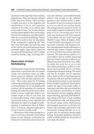 298  Pediatric Swallowing and Feeding: Assessment and Management
attachment of the upper lip to the maxillary
gingival tissue. There is no muscle contained
within this tissue. Kotlow (2013) provides
in-depth discussion of the diagnosis and
classifications of lip-tie with particular
attention to the effect on an infant’s latch
to the mother’s beast. Lip ties that interfere
with the infant’s ability to flare out the upper
lip must be considered as a possible impedi-
ment for successful breastfeeding. Parents
often find it useful to hear the description
of lip configuration appearing like “fish
lips,” since both upper and lower lips need
to flare out for successful latching at breast
and bottle nipple. Upper lip-tie release led
to improved breastfeeding in all 14 infants
treated by Pransky, Lago, and Hong, 2015.
Observation of Infant
Bottlefeeding
In the inpatient setting, the first oral feeding
observation is performed after the infant’s
cardiac and respiratory status are stable,
bowel sounds are adequate, and feedings
can be done with minimal respiratory dis-
tress . Three major goals for all feeding/
swallowing examinations and management
recommendations are (a) safe feeding with
minimal risk for aspiration, (b) functional
feeding with sufficient nutrition and caloric
intake to ensure weight gain within a rea-
sonable length of time at each feed, and
(c) pleasurable feeding. Unless pleasurable
nonstressful feeding occurs regularly and
efficiently, the infant is in danger of under-
nutrition or malnutrition (Ross  Philbin,
2011). To reiterate, adequate weight gain is
critical in the first months of life.
Observation of the infant feeding for at
least 15 to 20 min is desirable. Some infants
appear to have adequate coordination for
the first few minutes but cannot sustain the
necessary rhythmic suck/swallow/breathe
patterns long enough to take sufficient
quantity to meet nutrition needs. A rhyth-
mic pattern of nutritive sucking is expected
to occur at a rate of one suck per second.
The sucking sequence consists of “bursts” of
suck/swallow sequences followed by a brief
pause of 1 to 2 s. On average, up to 25 to 26
sucks may characterize the burst sequence
in term infants who are 1 and 2 days of age
(Medoff-Cooper, Bilker,  Kaplan, 2010).
A typical healthy infant appears to be suck-
ing nearly constantly, with frequent swal-
lows and appropriate breaths allowing for a
relatively large volume of liquid consumed
in a short period of time without aspiration
concerns. The most efficient pattern is 1:1
suck:swallow. Suck to swallow sequencing
up to two to three sucks per swallow is con-
sidered functional (Gewolb  Vice, 2006).
An infant who sucks five to six or more
times before producing a swallow is work-
ing too hard and likely will tire out before
completing an adequate feeding. This infant
also may be at higher risk for aspiration
with a small amount of liquid getting into
the pharynx with each suck that could result
in laryngeal penetration or even aspiration
before a swallow is produced. The examiner
watches for signs of increased cardiac or
respiratory rate/effort that may include, but
are not limited to, dysrhythmia of cardiac
and respiratory patterns, gagging, spitting,
tongue thrusting, squirming and withdraw-
ing, arching of the back or neck, dribbling
of formula/breast milk, and falling asleep.
Lip closure, tongue action, cheek posture,
and laryngeal movement are all observed.
Infants with neurologic impairments who
demonstrate sucking difficulty are at in-
creased risk for aspiration during nipple
feeding. Suctioning capabilities should be
readily available during the assessment of
some high-risk infants.
 