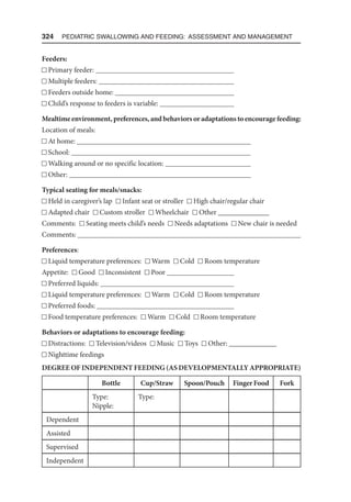 324  Pediatric Swallowing and Feeding: Assessment and Management
Feeders:
Primary feeder: 
Multiple feeders: 
Feeders outside home: 
Child’s response to feeders is variable: 
Mealtime environment, preferences, and behaviors or adaptations to encourage feeding:
Location of meals:
At home: 
School: 
Walking around or no specific location: 
Other: 
Typical seating for meals/snacks:
Held in caregiver’s lap Infant seat or stroller High chair/regular chair
Adapted chair Custom stroller Wheelchair Other ______________
Comments: Seating meets child’s needs Needs adaptations New chair is needed
Comments: 
Preferences:
Liquid temperature preferences: Warm Cold Room temperature
Appetite: Good Inconsistent Poor 
Preferred liquids: 
Liquid temperature preferences: Warm Cold Room temperature
Preferred foods: 
Food temperature preferences: Warm Cold Room temperature
Behaviors or adaptations to encourage feeding:
Distractions: Television/videos Music Toys Other: _____________
Nighttime feedings
DEGREE OF INDEPENDENT FEEDING (AS DEVELOPMENTALLY APPROPRIATE)
Bottle Cup/Straw Spoon/Pouch Finger Food Fork
Type:
Nipple:
Type:
Dependent
Assisted
Supervised
Independent
 