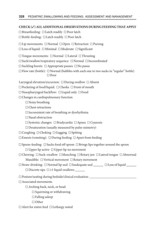 328  Pediatric Swallowing and Feeding: Assessment and Management
CHECK (3) ALL ADDITIONAL OBSERVATIONS DURING FEEDING THAT APPLY
Breastfeeding: Latch readily Poor latch
Bottle-feeding: Latch readily Poor latch
Lip movements: Normal Open Retraction Pursing
Loss of liquid: Minimal Moderate Significant
Tongue movements: Normal Lateral Thrusting
Suck/swallow/respiratory sequence: Normal Incoordinated
Suckling bursts: Appropriate pauses No pause
Flow rate (bottle):  Normal (bubbles with each one to two sucks in “regular” bottle)
Poor
Laryngeal elevation/excursion: During swallow Absent
Pocketing of food/liquid: Cheeks Front of mouth
Nasopharyngeal backflow: Liquid only Food
Changes in cardiopulmonary function
Noisy breathing
Chest retractions
Inconsistent rate of breathing or dysrhythmia
Nasal obstruction
Systemic changes: Bradycardia Apnea Cyanosis
Desaturation (usually measured by pulse oximetry)
Coughing Choking Gagging Spitting
Emesis (vomiting): During feeding Apart from feeding
Spoon-feeding: Sucks food off spoon Brings lips together around the spoon
Upper lip active Upper lip no movement
Chewing: Suck–swallow Munching Rotary jaw Lateral tongue Abnormal
Mandible: Vertical movement Rotary movement
Straw-drinking: Normal lip seal Inadequate seal ______ Loss of liquid ______
Discrete sips ≥1 liquid swallows ______
Posture/seating during bedside/clinical evaluation: 
Associated movements
Arching back, neck, or head
Squirming or withdrawing
Falling asleep
Other
Alert for entire feed Lethargy noted
 