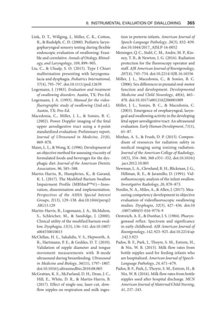 8. Instrumental Evaluation of Swallowing   365
Link, D. T., Willging, J., Miller, C. K., Cotton,
R.,  Rudolph, C. D. (2000). Pediatric laryn-
gopharyngeal sensory testing during flexible
endoscopic evaluation of swallowing: Feasi-
ble and correlative. Annals of Otology, Rhinol-
ogy, and Laryngology, 109, 899–905.
Liu, C.,  Ulualp, S. O. (2015). Type I Chiari
malformation presenting with laryngoma-
lacia and dysphagia. Pediatrics International,
57(4), 795–797. doi:10.1111/ped.12639
Logemann, J. (1983). Evaluation and treatment
of swallowing disorders. Austin, TX: Pro-Ed.
Logemann, J. A. (1993). Manual for the video-
fluorographic study of swallowing (2nd ed.).
Austin, TX: Pro-Ed.
Macedonia, C., Miller, J. L.,  Sonies, B. C.
(2002). Power Doppler imaging of the fetal
upper aerodigestive tract using a 4-point
standardized evaluation: Preliminary report.
Journal of Ultrasound in Medicine, 21(8),
869–878.
Mann, L. L.,  Wong, K. (1996). Development of
an objective method for assessing viscosity of
formulated foods and beverages for the dys-
phagic diet. Journal of the American Dietetic
Association, 96, 585–588.
Martin-Harris, B., Humphries, K.,  Garand,
K. L. (2017). The Modified Barium Swallow
Impairment Profile (MBSImP™©)—Inno-
vation, dissemination and implementation.
Perspectives of the ASHA Special Interest
Groups, 2(13), 129–138. doi:10.1044/persp2​
.SIG13.129
Martin-Harris, B., Logemann, J. A., McMahon,
S., Schleicher, M.,  Sandidge, J. (2000).
Clinical utility of the modified barium swal-
low. Dysphagia, 15(3), 136–141. doi:10.1007/
s004550010015
McClellan, H. L., Sakalidis, V. S., Hepworth, A.
R., Hartmann, P. E.,  Geddes, D. T. (2010).
Validation of nipple diameter and tongue
movement measurements with B-mode
ultrasound during breastfeeding. Ultrasound
in Medicine and Biology, 36(11), 1797–1807.
doi:10.1016/j.ultrasmedbio.2010.08.005
McGrattan, K. E., McFarland, D. H., Dean, J. C.,
Hill, E., White, D. R.,  Martin-Harris, B.
(2017). Effect of single-use, laser-cut, slow-
flow nipples on respiration and milk inges-
tion in preterm infants. American Journal of
Speech-Language Pathology, 26(3), 832–839.
doi:10.1044/2017_AJSLP-16-0052
Meisinger, Q. C., Stahl, C. M., Andre, M. P., Kin-
ney, T. B.,  Newton, I. G. (2016). Radiation
protection for the fluoroscopy operator and
staff. AJR American Journal of Roentgenology,
207(4), 745–754. doi:10.2214/AJR.16.16556
Miller, J. L., Macedonia, C.,  Sonies, B. C.
(2006). Sex differences in prenatal oral-motor
function and development. Developmental
Medicine and Child Neurology, 48(6), 465–
470. doi:10.1017/s0012162206001009
Miller, J. L., Sonies, B. C.,  Macedonia, C.
(2003). Emergence of oropharyngeal, laryn-
geal and swallowing activity in the developing
fetal upper aerodigestive tract: An ultrasound
evaluation. Early Human Development, 71(1),
61–87.
Minhas, A. S.,  Frush, D. P. (2013). Compen-
dium of resources for radiation safety in
medical imaging using ionizing radiation.
Journal of the American College of Radiology,
10(5), 354–360, 360 e351–352. doi:10.1016/j​
.jacr​.2012.10.005
Newman, L. A., Cleveland, R. H., Blickman, J. G.,
Hillman, R. E.,  Jaramillo, D. (1991). Vid-
eofluoroscopic analysis of the infant swallow.
Investigative Radiology, 26, 870–873.
Nordin, N. A., Miles, A.,  Allen, J. (2017). Mea-
suring competency development in objective
evaluation of videofluoroscopic swallowing
studies. Dysphagia, 32(3), 427–436. doi:10​
.10​07/s00455-016-9776-9
Oestreich, A. E.,  Dunbar, J. S. (1984). Pharyn-
gonasal reflux: Spectrum and significance
in early childhood. AJR American Journal of
Roentgenology, 142, 923–925. doi:10.2214/ajr​
.142.5.923
Pados, B. F., Park, J., Thoyre, S. M., Estrem, H.,
 Nix, W. B. (2015). Milk flow rates from
bottle nipples used for feeding infants who
are hospitalized. American Journal of Speech-
Language Pathology, 24, 671–679.
Pados, B. F., Park, J., Thoyre, S. M., Estrem, H., 
Nix, W. B. (2016). Milk flow rates from bottle
nipples used after hospital discharge. MCN
American Journal of Maternal/Child Nursing,
41, 237–243.
 