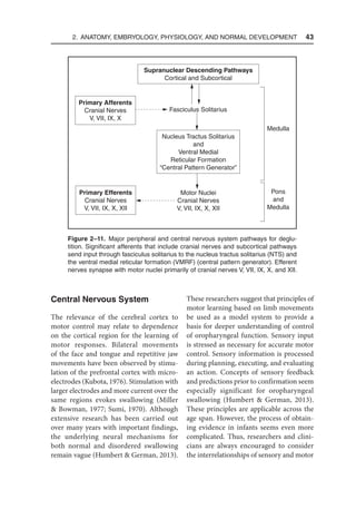 2. Anatomy, Embryology, Physiology, and Normal Development  43
Central Nervous System
The relevance of the cerebral cortex to
motor control may relate to dependence
on the cortical region for the learning of
motor responses. Bilateral movements
of the face and tongue and repetitive jaw
movements have been observed by stimu-
lation of the prefrontal cortex with micro-
electrodes (Kubota, 1976). Stimulation with
larger electrodes and more current over the
same regions evokes swallowing (Miller
 Bowman, 1977; Sumi, 1970). Although
extensive research has been carried out
over many years with important findings,
the underlying neural mechanisms for
both normal and disordered swallowing
remain vague (Humbert  German, 2013).
These researchers suggest that principles of
motor learning based on limb movements
be used as a model system to provide a
basis for deeper understanding of control
of oropharyngeal function. Sensory input
is stressed as necessary for accurate motor
control. Sensory information is processed
during planning, executing, and evaluating
an action. Concepts of sensory feedback
and predictions prior to confirmation seem
especially significant for oropharyngeal
swallowing (Humbert  German, 2013).
These principles are applicable across the
age span. However, the process of obtain-
ing evidence in infants seems even more
complicated. Thus, researchers and clini-
cians are always encouraged to consider
the interrelationships of sensory and motor
Fasciculus Solitarius
Medulla
Pons
and
Medulla
Motor Nuclei
Cranial Nerves
V, VII, IX, X, XII
Supranuclear Descending Pathways
Cortical and Subcortical
Primary Afferents
Cranial Nerves
V, VII, IX, X
Primary Efferents
Cranial Nerves
V, VII, IX, X, XII
Nucleus Tractus Solitarius
and
Ventral Medial
Reticular Formation
“Central Pattern Generator”
Figure 2–11. Major peripheral and central nervous system pathways for deglu-
tition. Significant afferents that include cranial nerves and subcortical pathways
send input through fasciculus solitarius to the nucleus tractus solitarius (NTS) and
the ventral medial reticular formation (VMRF) (central pattern generator). Efferent
nerves synapse with motor nuclei primarily of cranial nerves V, VII, IX, X, and XII.
 