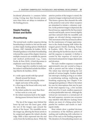 2. Anatomy, Embryology, Physiology, and Normal Development  51
Incidental phonation is common before
crying. Crying may then become promi-
nent when there are delays in initiation of
the feeding process.
Nipple-Feeding:
Breast and Bottle
Breastfeeding
The normal suck–swallow sequence during
breastfeeding is similar to, but not the same
as other nipple-feeding options (McBride 
Danner, 1987; Sakalidis  Geddes, 2016).
Detailed guidance to facilitate breastfeeding
is beyond the scope of this chapter; however,
multiple resources are available for parents
and medical professionals (e.g., Casey,
Fucile,  Dow, 2018). A brief discussion to
emphasize some basic factors follows.
Primary signs for a mother to make sure
her infant is well latched include the follow-
ing (Martin  Zaichkin, 2016):
n a wide-open mouth with lips spread
(flared) around the breast,
n the infant’s mouth covering the entire
nipple and some of the areola,
n a firm tug on the breast with every suck
by the infant,
n the infant suckles for more than three
to four sucks in a row, and
n the infant maintains latch to the nipple
during pauses between bursts of sucks.
The tip of the tongue stays behind the
lower lip and over the lower gum, while
the rest of the tongue cups around the
areola of the breast. The mandible moves
the tongue up, allowing the breast areola to
be compressed against the infant’s alveolar
ridge. Milk is then expressed into the oral
cavity from the lactiferous ducts. While the
anterior portion of the tongue is raised, the
posterior tongue is depressed and retracted.
This forms a groove that channels the milk
to the posterior oral cavity where receptors
are stimulated to initiate a voluntary swal-
low. As the posterior tongue is depressed, the
buccal mucosa, supported by the buccinator
muscles and fat pads, moves inward slightly
and then outward while the mandible and
tongue are elevated during compression.
This movement of the buccal mucosa allows
for the maintenance of tongue approxima-
tion to the cheeks keeping milk within the
tongue’s groove (Smith, Erenberg, Nowak,
 Franken, 1985). The jaw is then low-
ered, allowing the lactiferous ducts to refill,
and the sequence is repeated. A rhythm is
created by this sequence of vertical jaw
movement and posterior tongue depression
and elevation.
The suck–swallow sequence is repeated
approximately once per second as long as
milk is present and the infant is hungry.
The infant may interrupt feeding for rest
periods of various lengths. Feeders should
not interrupt a feeding as long as an infant
is coordinating sucking, swallowing, and
breathing sequencing (see Chapter 9 for
management guidance). Observe the infant
for cues for interruptions that may be part
of the total sequence (e.g., a few seconds
after every 8 to 12 suck–swallow sequences)
or at less predictable intervals. Although the
vertical jaw movement is a normal part of
the total sequence, excessive jaw excursion
may interfere with effective sucking. Some
infants use more of a biting action that is
painful for mothers and results in inad-
equate intake.
Most infants show a gradual decrease
in consistency of the rhythmic pattern of
sucking and swallowing with reduction in
force of the suck as the feeding progresses.
The duration of a breastfeeding session can
 
