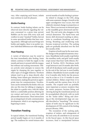 52  Pediatric Swallowing and Feeding: Assessment and Management
vary. After emptying each breast, infants
may continue to suck for pleasure.
Bottle-Feeding
In contrast, bottle-feeding infants can be
observed more directly regarding the vol-
ume consumed in a given time period.
Bubbles can be seen with every suck and
swallow in some “standard” bottles, but not
in some specialized bottles that have vent-
ing systems. Although each year brings new
bottles and nipples, there is no perfect sys-
tem. Individual differences are wide ranging.
Post-Feeding
A variety of behaviors may be noted in
the time immediately after feeding. Some
infants continue to hold the nipple in the
mouth and move it around with the tongue,
but without real sucking movements. Oth-
ers actively resist attempts to remove the
nipple by clamping the jaws together or
other types of struggle behavior. Newborn
infants tend to go to sleep directly after
feeding. Some infants give attention to the
environment, making this period an appro-
priate time for communication. Vocaliza-
tions can be imitated by the feeder, who can
also use this time for talking or singing to
the infant in a gentle voice, with the infant
held in a comfortable position allowing for
eye contact and touch in ways that yield
pleasurable interactions. These interactions
are an integral part of early communication
development, which is an ongoing process
beginning in utero.
Transition Feeding
In typical infants, the transitional feeding
period usually begins at 4 to 6 months of
age. The readiness for varied textures after
several months of suckle feeding is primar-
ily related to changes in the CNS, along
with some anatomic changes. Growth in the
upper aerodigestive tract occurs, but with
relatively minimal change in proportion or
form. There is an increase in intraoral space
as the mandible grows downward and for-
ward. The oral cavity also elongates in the
vertical dimension. The hyoid bone and
larynx shift downward resulting in altera-
tions to coordinate breathing and swal-
lowing. Breathing and swallowing truly
become reciprocal activities. The sucking
pads are gradually absorbed over the first
few months of life.
Eruption of teeth may be the most nota-
ble change in the peripheral anatomic struc-
tures. Mandibular teeth usually erupt before
the maxillary teeth, and girls’ teeth usually
erupt sooner than boys’ teeth (Moore, Per-
saud,  Torchia, 2015). Deciduous teeth
erupt between 6 and 24 months after birth,
with all 20 deciduous teeth usually present
by the end of the 2nd year in most healthy
children. Mandibular incisors usually erupt
6 to 8 months after birth, but the process
may be as late as 12 to 13 months in some
normal children. Molars erupt from 12 to
24 months and the canines from 16 to 20
months. The erupted teeth are probably
more important as sensory receptors than
for motor purposes, because biting and
chewing during the transitional period can
be accomplished effectively with no teeth
on the “molar tables.” Biting and chew-
ing at this developmental stage are usu-
ally described as “munching.” The sensory
inputs of teeth may be significant in the
development of CNS control of the feeding
process (Bosma, 1986).
The resorption of the sucking pads,
eruption of molars, and enlargement of
the oral cavity all contribute to an increase
in the buccal space. As this buccal space
increases, food is manipulated between
 