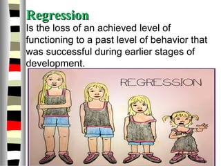 RegressionRegression
Is the loss of an achieved level of
functioning to a past level of behavior that
was successful during earlier stages of
development.
 