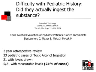 Difficulty with Pediatric History: Did they actually ingest the substance? Toxic Alcohol Evaluation of Pediatric Patients is often Incomplete DesLauriers C, Mazor S, Metz J, Mycyk M 2 year retrospective review 33 pediatric cases of Toxic Alcohol Ingestion 21 with levels drawn 5/21 with measurable levels  (24% of cases) 
