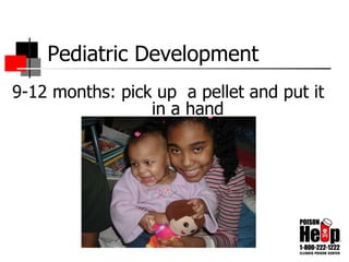 Pediatric Development 9-12 months: pick up  a pellet and put it  in a hand 