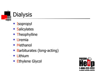 Dialysis I sopropyl S alicylates T heophylline U remia M ethanol B arbiturates (long-acting) L ithium E thylene Glycol 