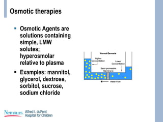 Osmotic therapies
 Osmotic Agents are
solutions containing
simple, LMW
solutes;
hyperosmolar
relative to plasma
 Examples: mannitol,
glycerol, dextrose,
sorbitol, sucrose,
sodium chloride
 